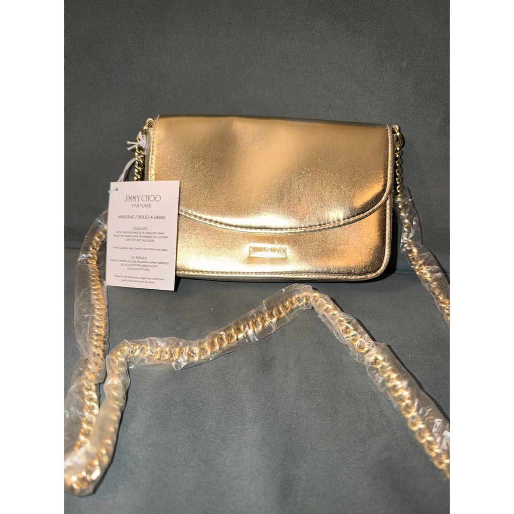 Jimmy Choo Parfums Metallic Gold Crossbody Bag with Chain Strap New